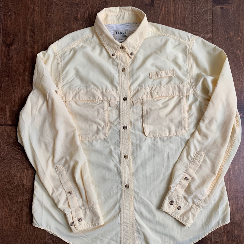 LL Bean Long Sleeve Button Down Vented Hiking Fishing Shirt Womens L Yellow